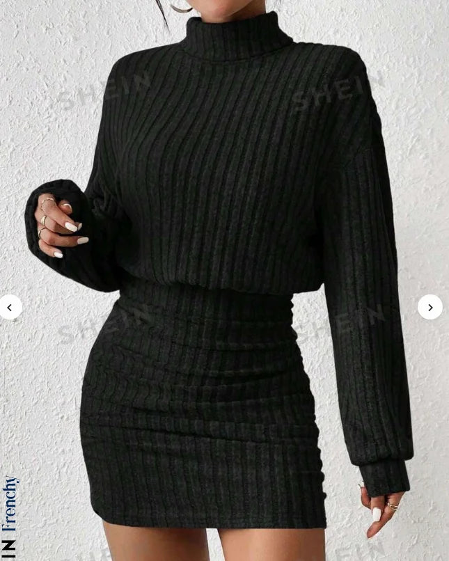 Ribbed Knit Turtleneck Bodycon Mini Dress
