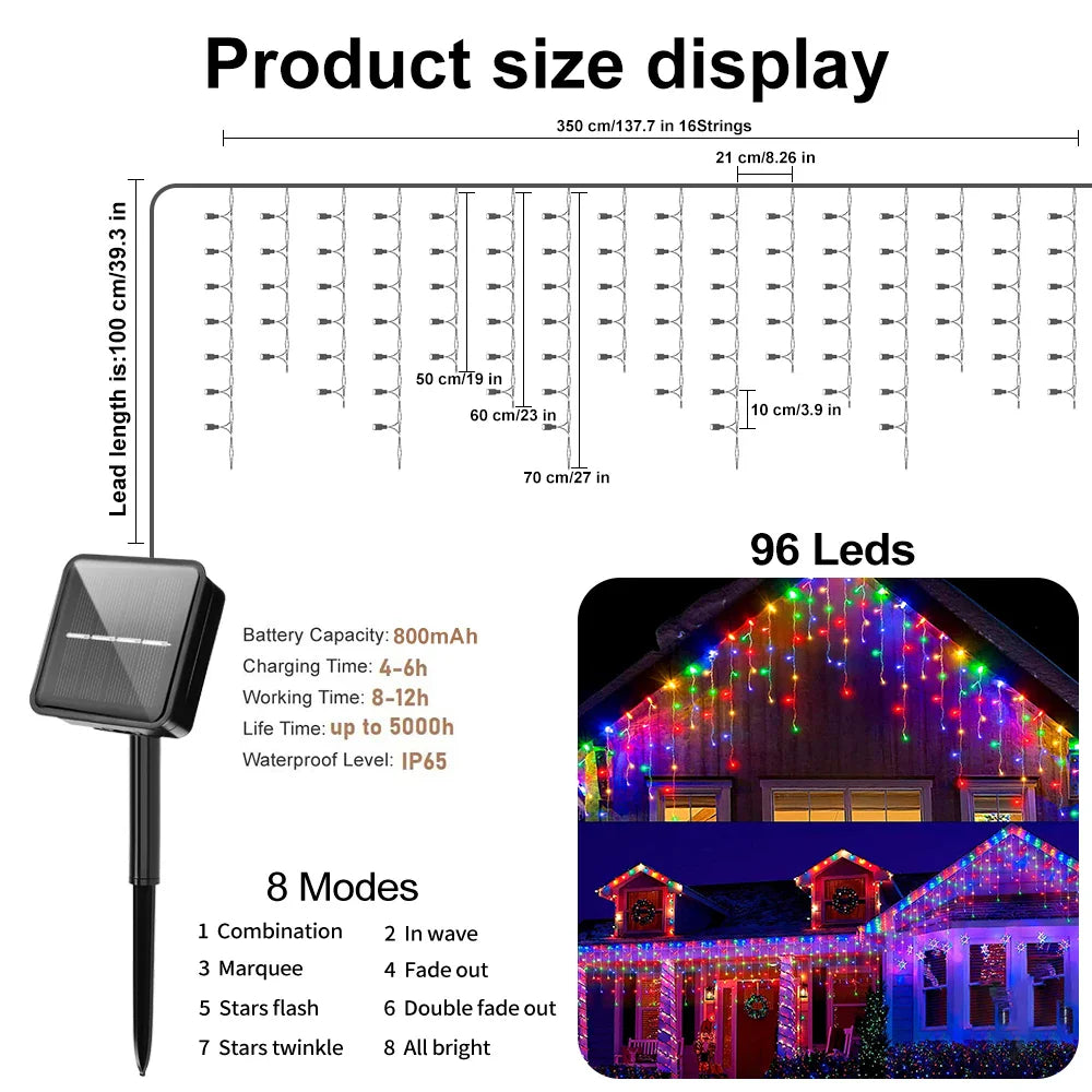 NEW 162/96LED Solar Icicle Outdoor Christmas Lights 8 Modes Waterproof Fairy Lights for Home Party Halloween Holiday Decoration