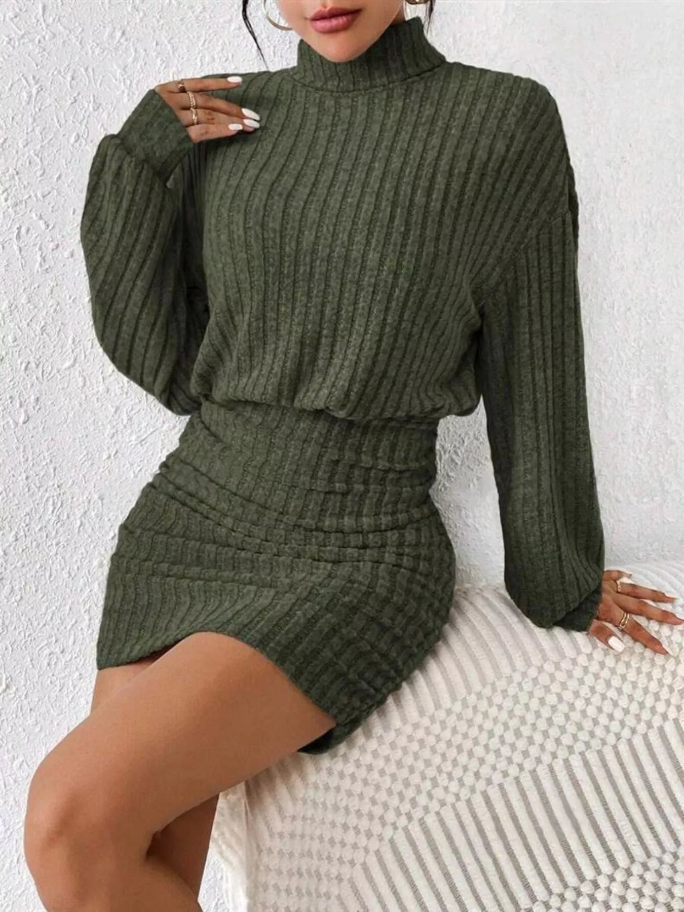 Ribbed Knit Turtleneck Bodycon Mini Dress
